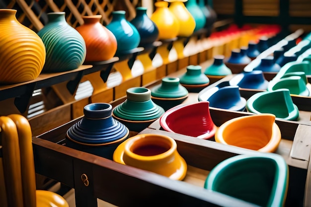 Colorful pottery in a shop