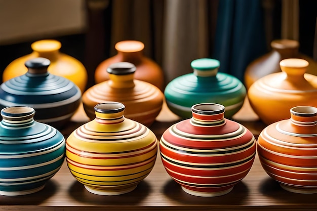 Colorful pottery sit on a shelf in a store.