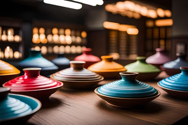 Colorful pottery sit on a wooden table with a blur in the background