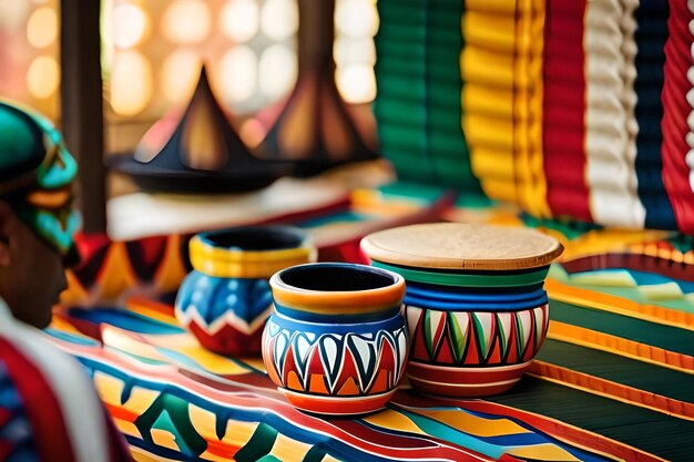 Colorful pottery on a table with a colorful cloth with a wooden lid.