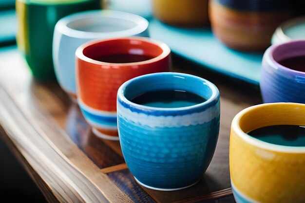 Colorful pottery on a table with other colorful pottery