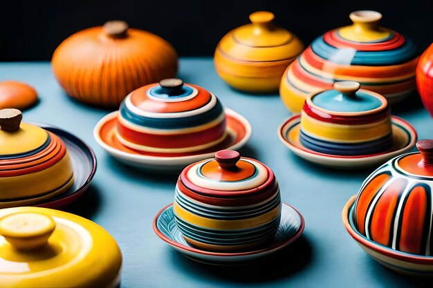 Colorful pottery on a table