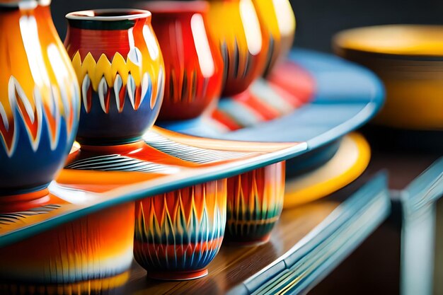 Colorful pottery on a table