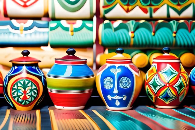 Colorful pottery with a blue flower on the front