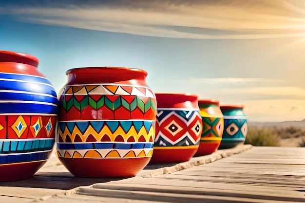 Colorful pottery on a wooden deck