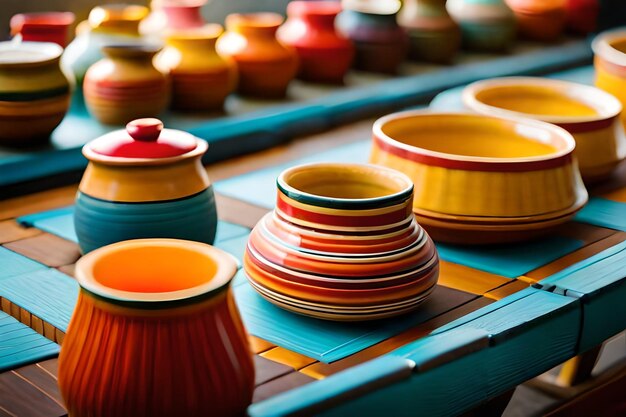 Colorful pottery on a wooden shelf, with a blue board that says