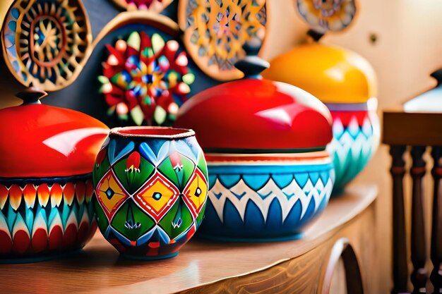 Colorful pottery on a wooden shelf with colorful designs