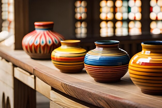 colorful pottery on a wooden shelf, with a colorful window behind it.