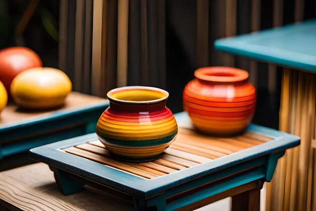 カラフルなデザインの木製テーブルにカラフルな陶器。