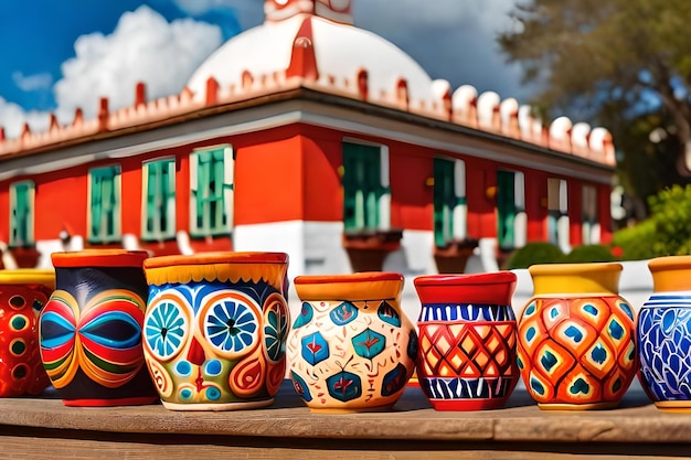 Colorful pottery on a wooden table with a red building in the background.