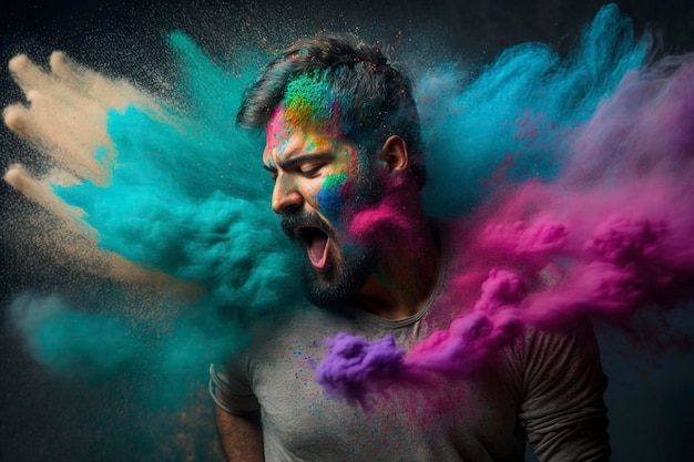 colorful powder explodes on face, holi festival