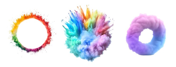 Colorful powder explosion and smoke ring isolated on transparent background
