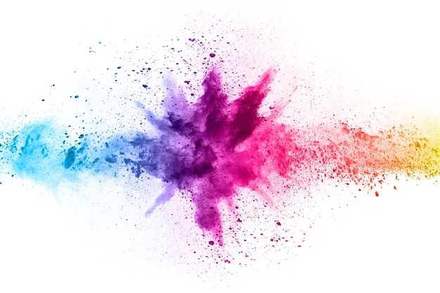 Colorful powder explosion on white background. Colored cloud. Colorful dust explode. 