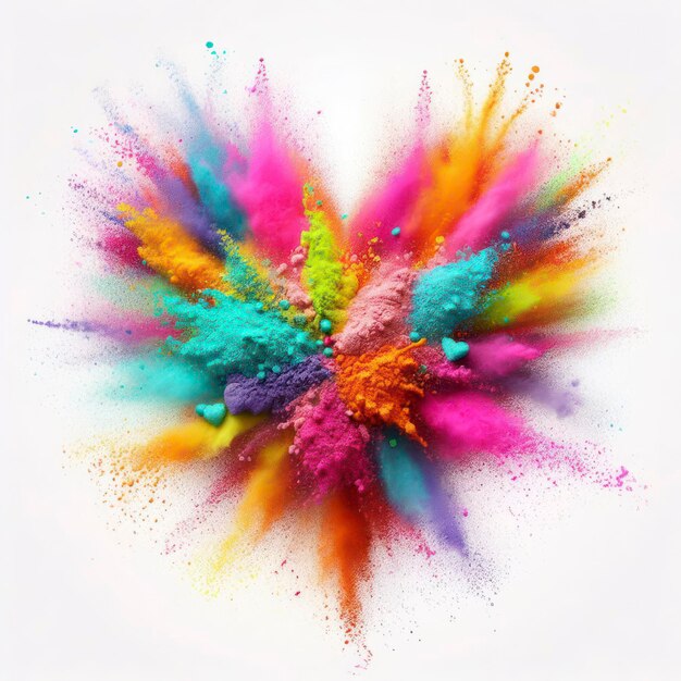 Colorful powder forms heartshaped splash on white background ai generative