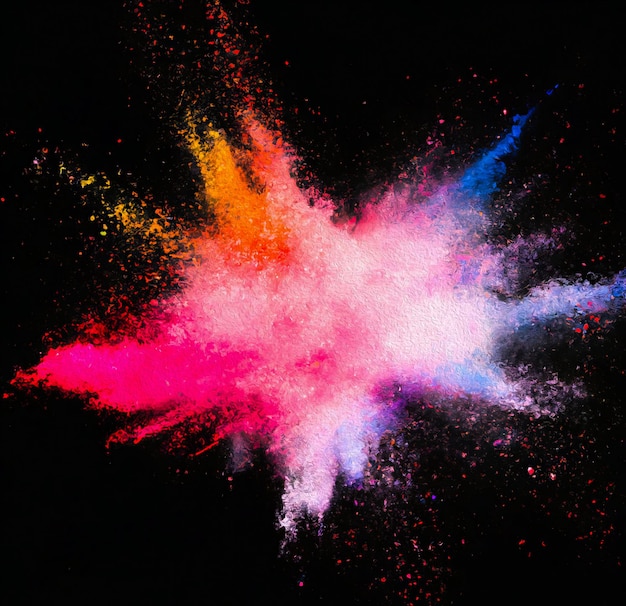 A colorful powder is being sprayed on a black background.