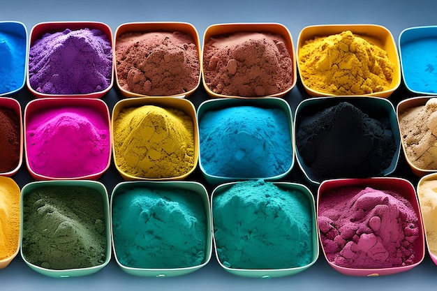 Colorful powder in a plastic container Happy Holi decoration the Indian festival