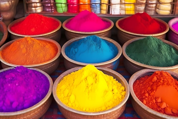 Разноцветный порошок для продажи в магазине во время фестиваля цвета Холи, нейронная сеть создала фотореалистичную картину