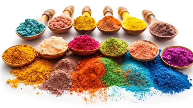 Colorful powdered spices in wooden spoons and bowls spilling onto a white surface