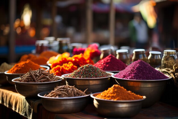 Красочные порошки перед фестивалем Холи на рынке Индия Высокое качество фотографии