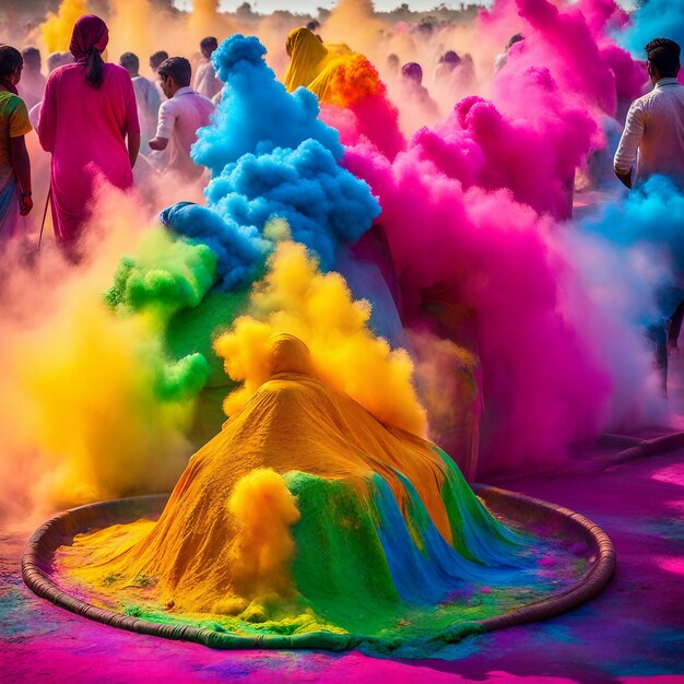 Colorful powders and Gulal in bowls and a background of colored smoke or powder explosions