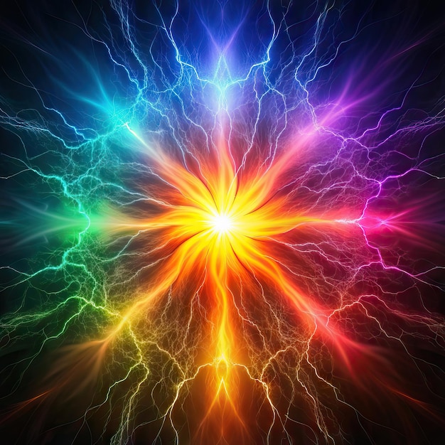 Foto una colorata esplosione di potenza con fulmini e uno sfondo multicolore