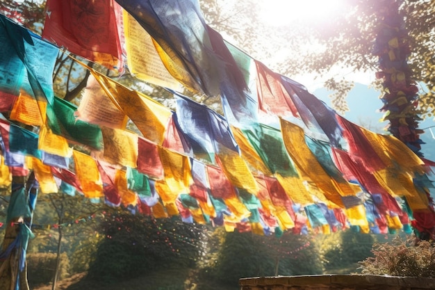 Colorful prayer flags fluttering in the wind created with generative ai