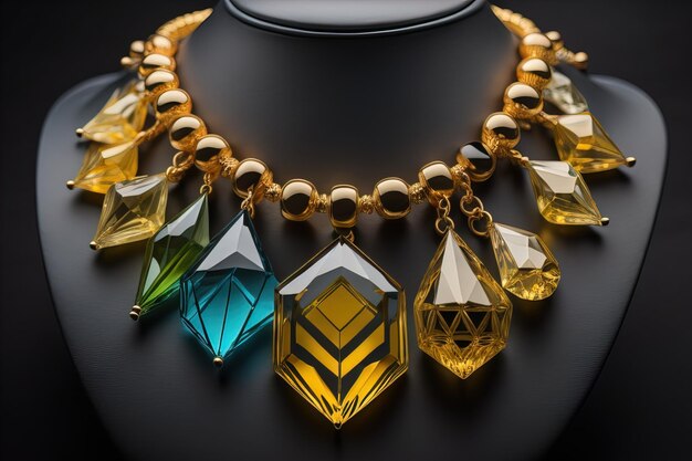 Colorful precious stones necklace on a black background in closeup ai generative