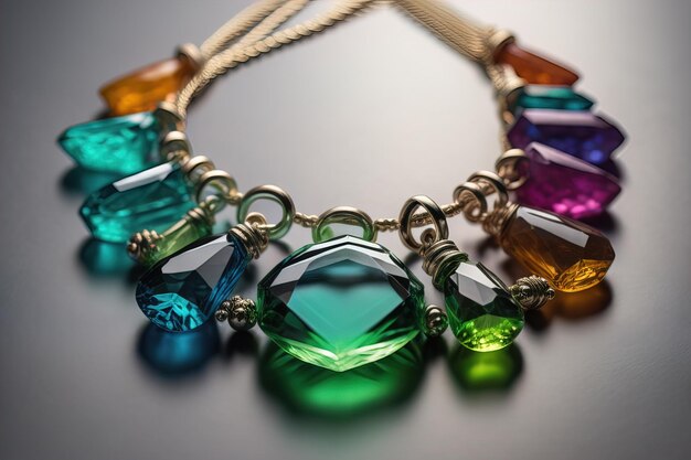 Photo colorful precious stones necklace on a black background in closeup ai generative