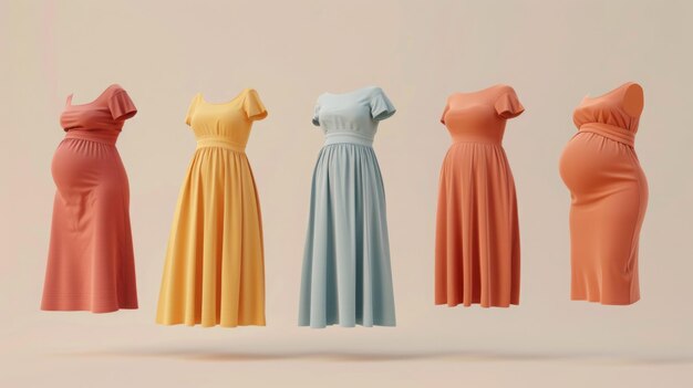 Photo colorful pregnant dresses displayed in a row on neutral background