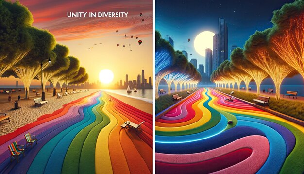 Foto illustrazioni colorate del pride day unità nella diversità sulla spiaggia