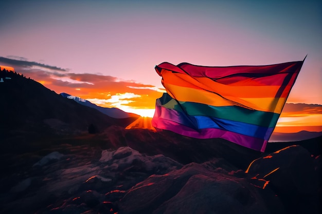 Красочный флаг гордости на вершине горы