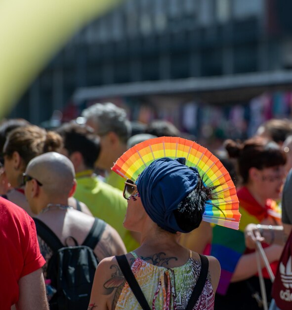 The colorful pride parade in Milan with happy people and to love freely