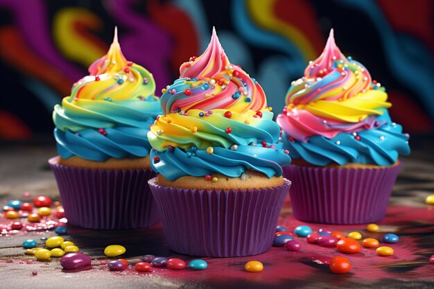 Photo colorful pridethemed cupcakes with unique and generative ai