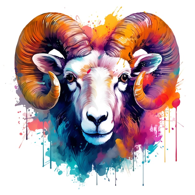 Colorful print ram's head portrait of an animal on a white background illustration AI generation