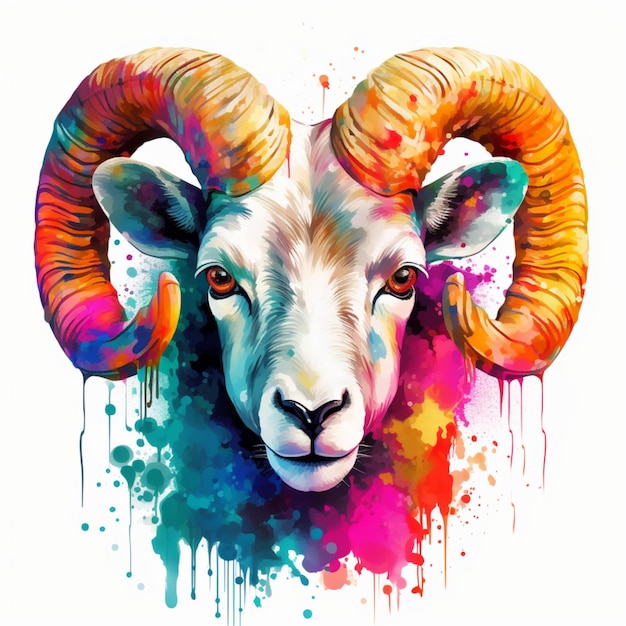 Colorful print ram's head on a white background realistic illustration AI generation