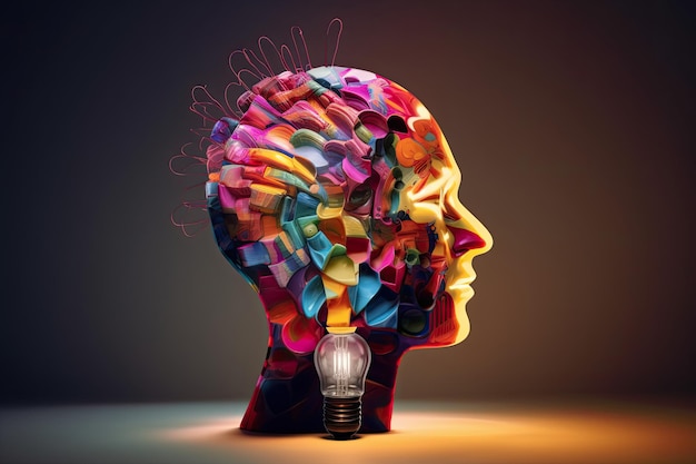 Colorful profile of a head illuminated as a light bulb a symbol of mental activity intelligence creativity on a dark background Generative AI