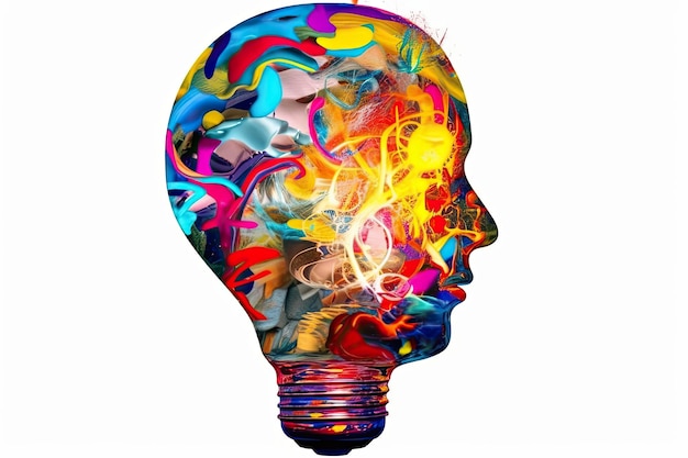 Photo colorful profile of a head illuminated as a light bulb a symbol of mental activity intelligence creativity on a dark background generative ai