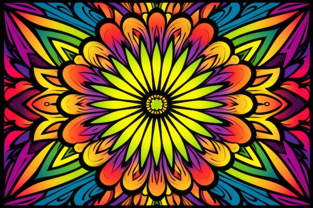 A colorful psychedelic flower design on a black background