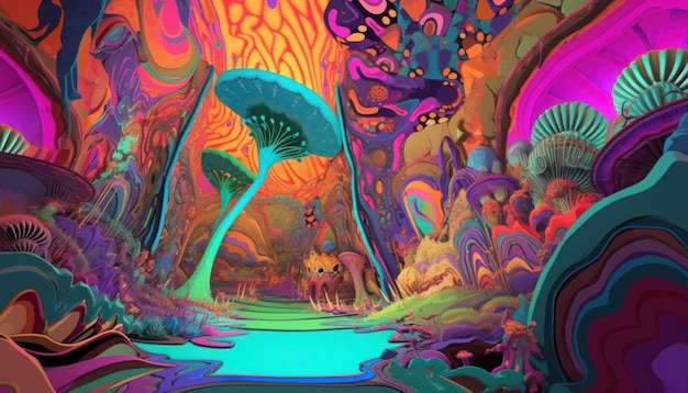 A colorful psychedelic illustration of a forest with a river and mushrooms.