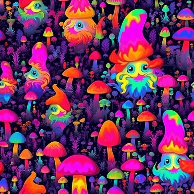 A colorful psychedelic mushroom wallpaper that is printed in a rainbow.