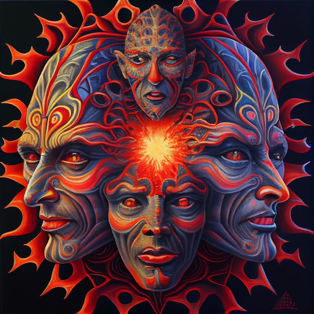 Colorful psychedelic portrait abstract surreal illustration with five heads