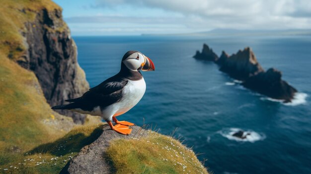 a colorful puffin perching on a cliff enjoying the outdoor