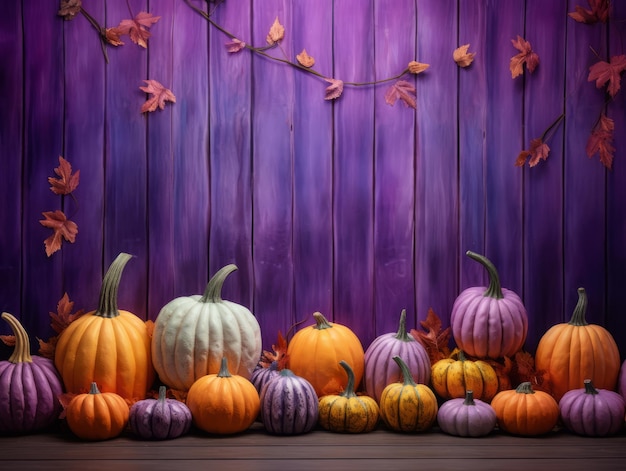 Colorful pumpkins and autumn leaves on wooden background Halloween concept