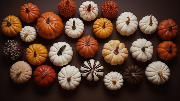 Colorful pumpkins on dark background top view DIY craft pumpkins