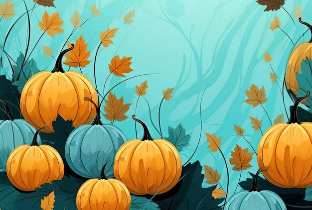 colorful pumpkins and leaves on a blue background