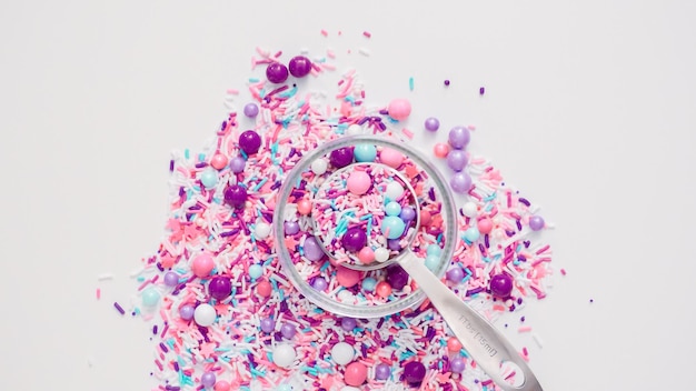 Colorful purple sprinkle blend on a white background.