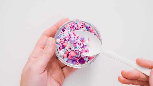 Colorful purple sprinkle blend on a white background.