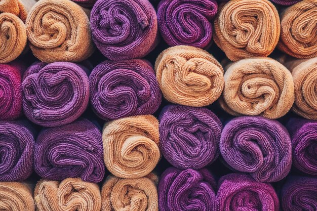 Colorful purple violet beige rolled up towels for Barbershop Spa Bath Swimming pool sea Beach gym fitness in resort hotel concept Fabric texture cloth background