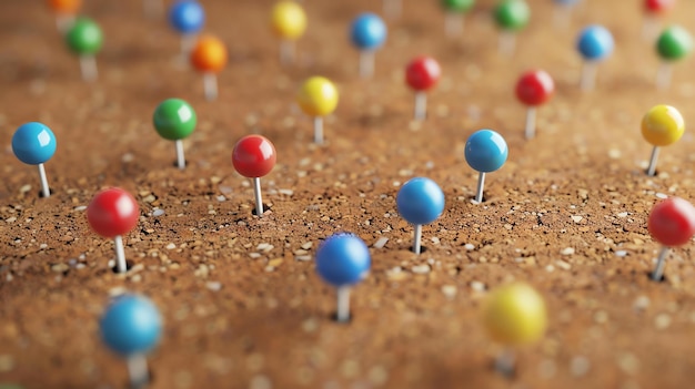 Colorful push pins on a cork board The pins are in different colors including red blue green and yellow They are arranged in a random pattern