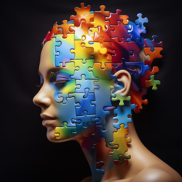 Photo a colorful puzzle pieces on a mannequin head